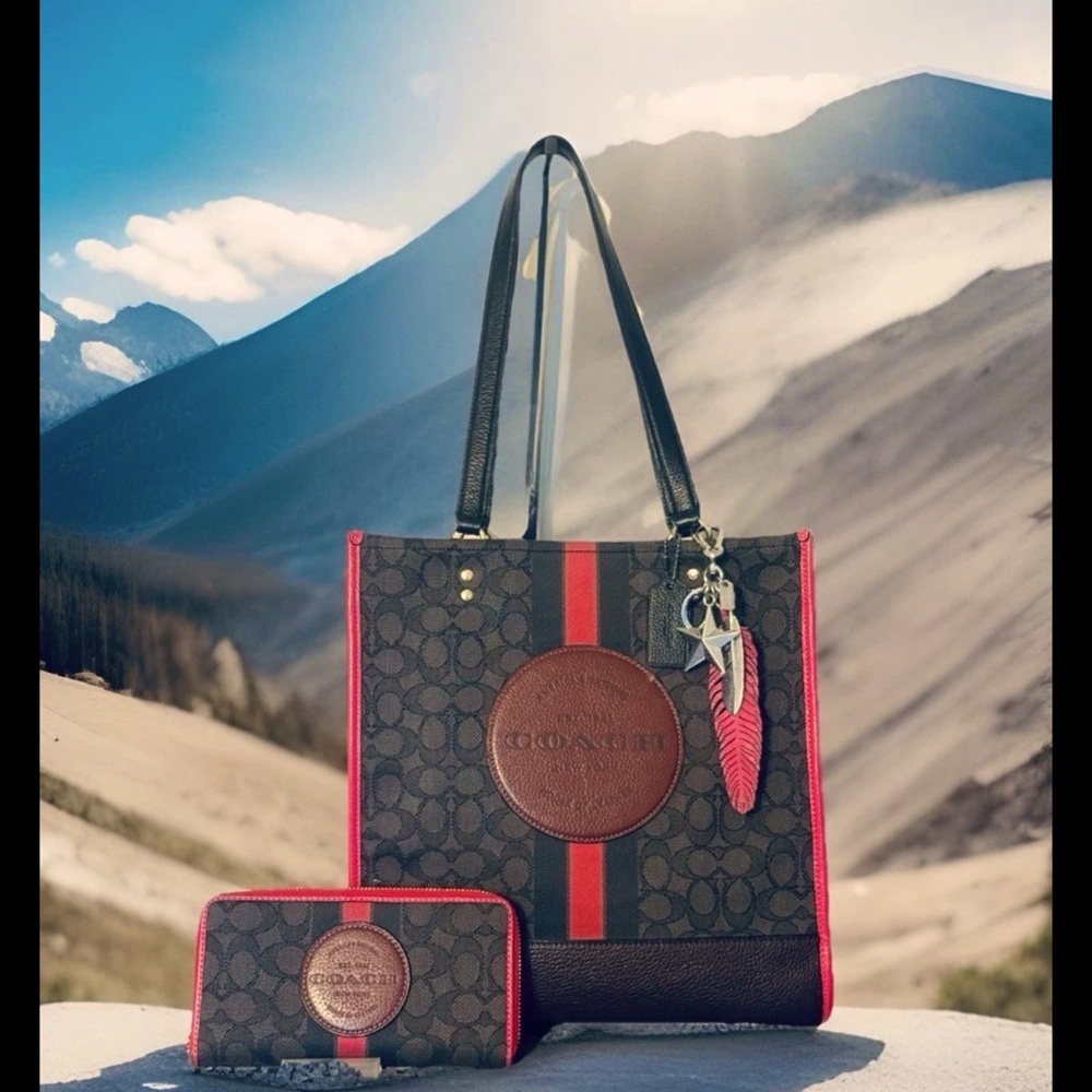 Coach Dempsey in Black Wine Multi + Pink Coach Feather Charm & Lg Wallet EUC 😍❤️